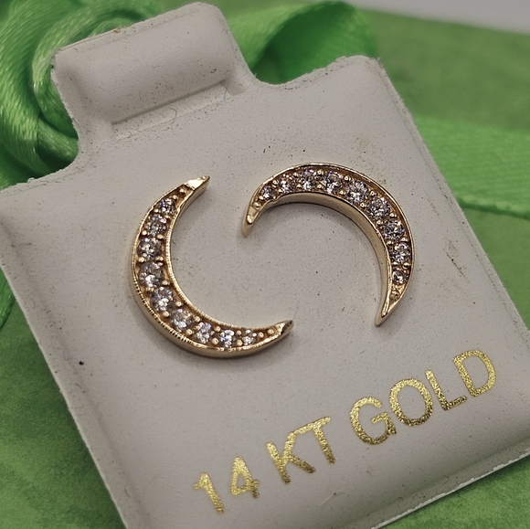14KT Gold CZ Moon Push Back Fancy Earrings - Picture 4 of 10